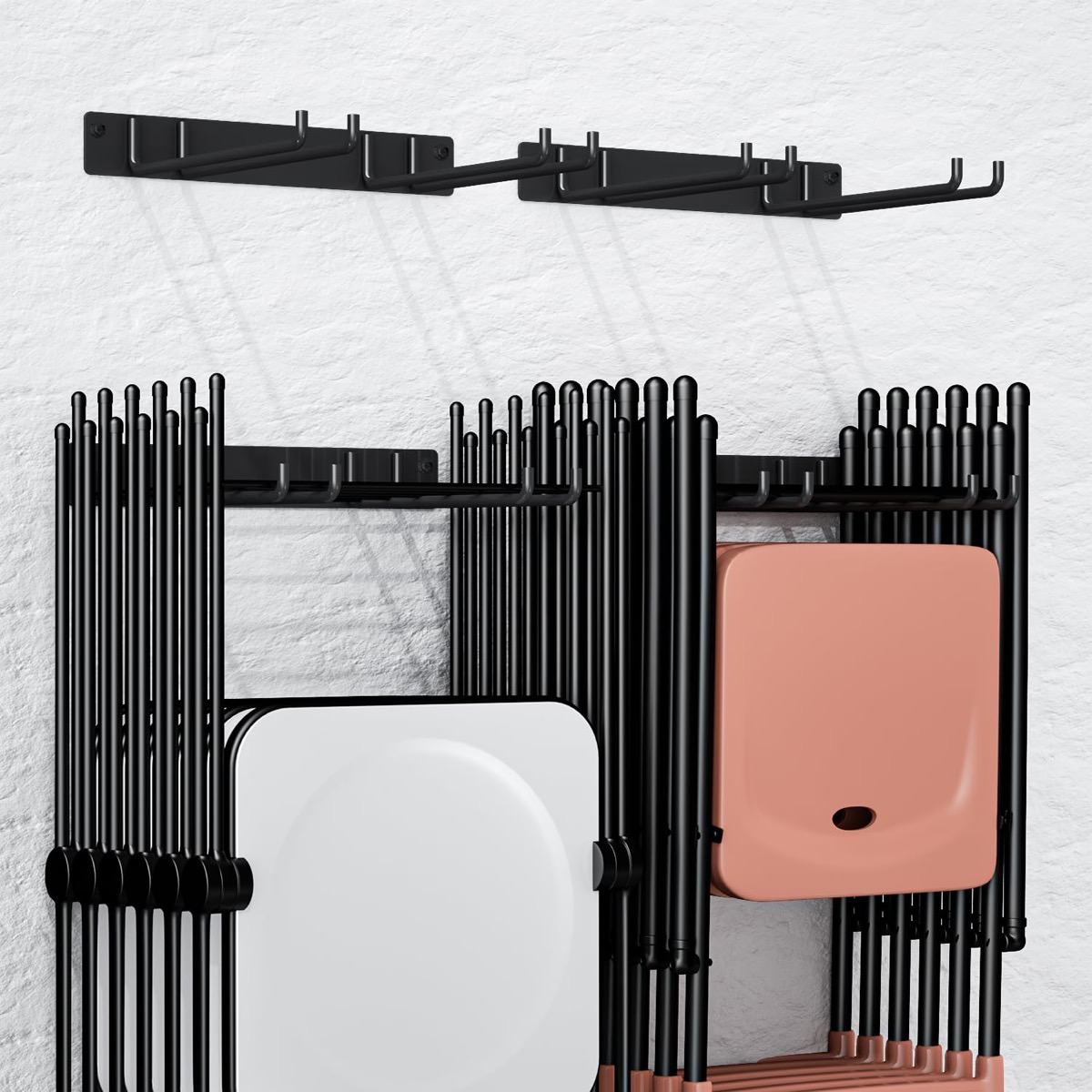 Two black wall-mounted racks holding folding chairs
