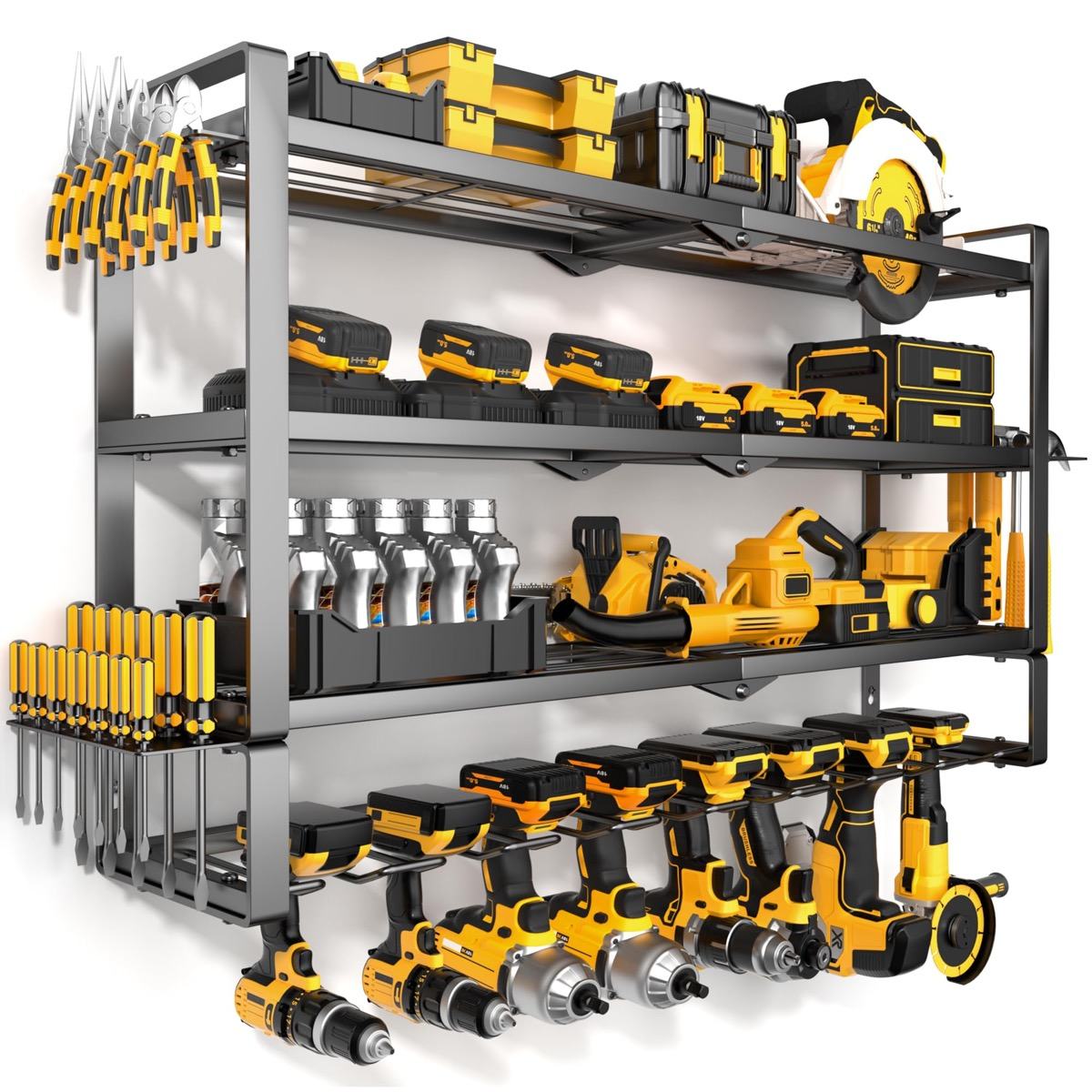 Wall-mounted power tool organizer loaded with workshop tools